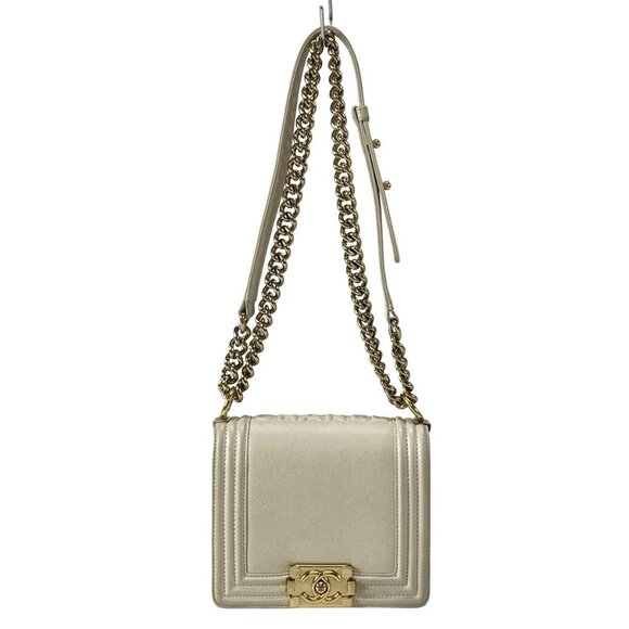Auth CHANEL Boy Chanel AS3018 metallic white Calfskin Shoulder Bag Gold hardware - Picture 1 of 16